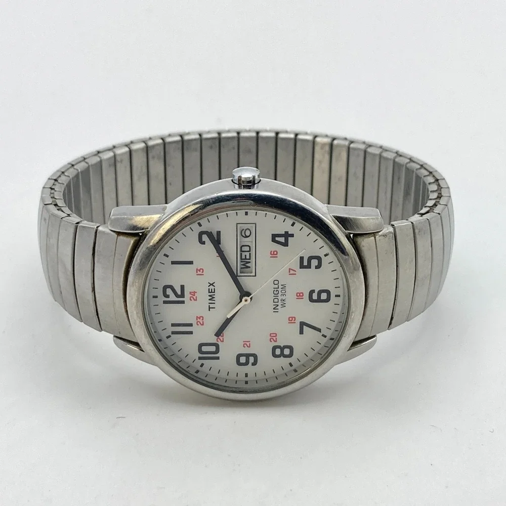 Timex Easy Reader Men's Watch 35mm Silver Tone Indiglo Stretch Band New Battery
